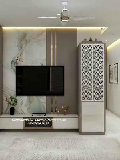 The TV unit in this 2BHK is paired with a tall crockery cabinet featuring a traditional jali pattern, blending modern needs with Indian aesthetics.