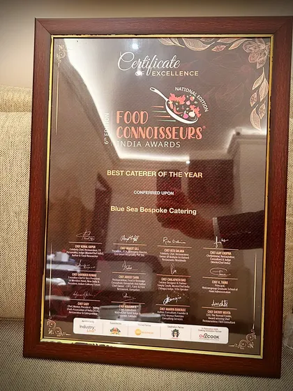 The framed certificate for National Caterer of the Year. This award marks a significant milestone in our journey, especially with our recent expansion into Delhi.
