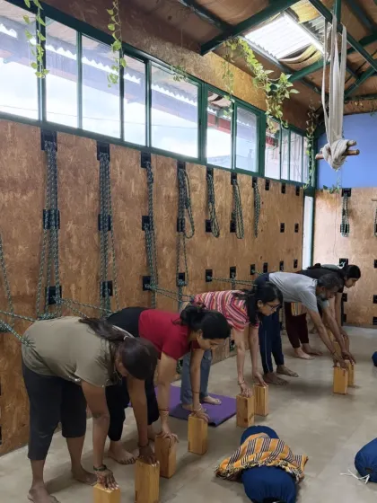 Wooden blocks are another essential prop we use to support proper alignment. Here, students use blocks in a forward bend to ensure they are lengthening from the hips rather than rounding the back.