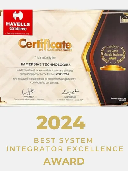 Our commitment to excellence is recognized by industry leaders. We are proud to have received the 2024 Best System Integrator Excellence Award from Havells Crabtree, a testament to our dedication to delivering outstanding automation solutions.