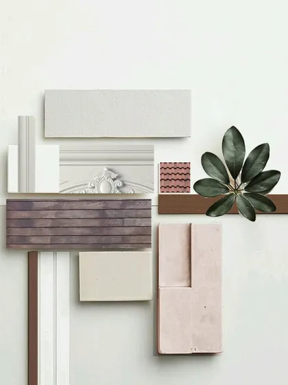 From rustic brick to warm wood and intricate classical carvings, this material board is a harmony of natural and man-made elements, creating a space that feels like a timeless home.