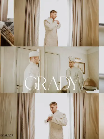 A collage of the groom getting ready, showcasing the process of putting on his traditional wedding attire.