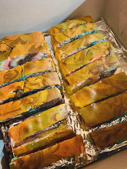 Slices of my ultra moist Ribbon cake packed and ready to go. I love making these colorful treats for my customers.