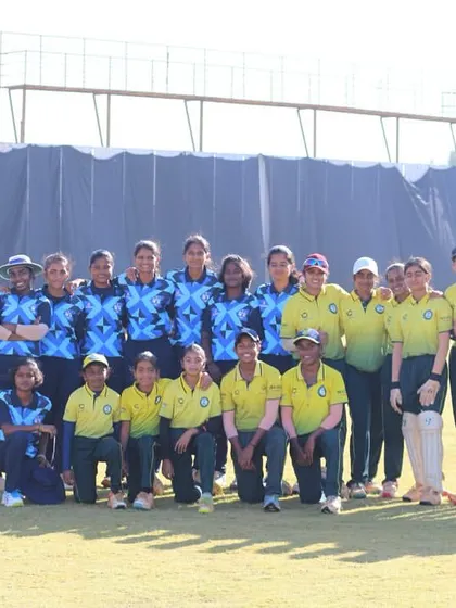 The RSCA Bangalore and SST Cricket Academy Chennai women's teams together for a group photo, demonstrating sportsmanship between competing academies.