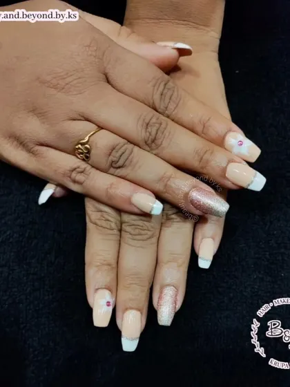 A complete look at the glittering French flair manicure, with each nail telling a part of the story.