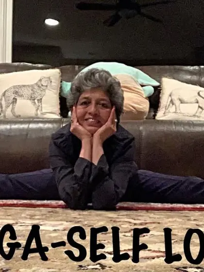 Practicing my splits at home. My online yoga classes bring the same focus on flexibility and alignment right into your living room.