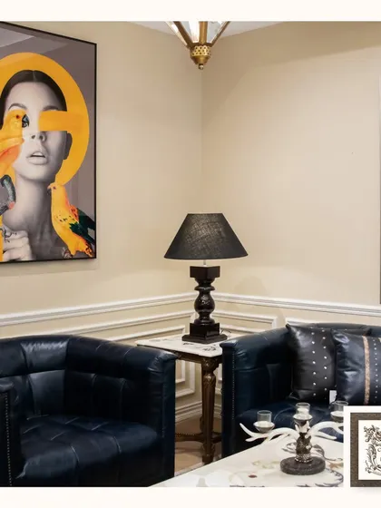 This modern, surrealist portrait with its bold yellow accents and parrot imagery is a true statement piece. It adds a contemporary and artistic edge to this classic living space.