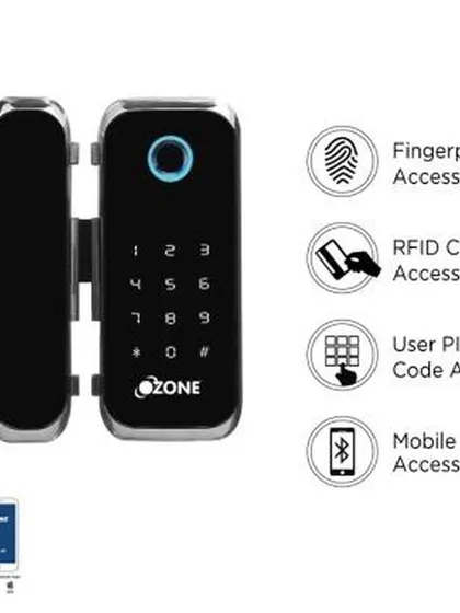 A product shot of the app-connected lock for glass doors. This image clearly shows the four access methods available, including mobile app control, making it a versatile choice for apartments, offices, and libraries.