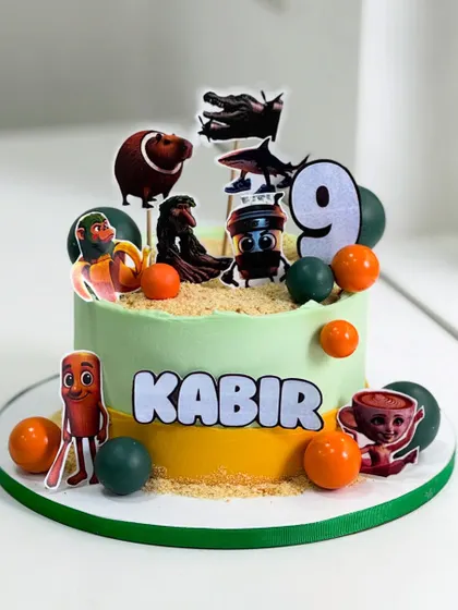 Pure chaos and maximum fun! This "Italian brainrot" themed cake is made to match the madness of turning 9, with quirky characters and bold colors that steal the spotlight.