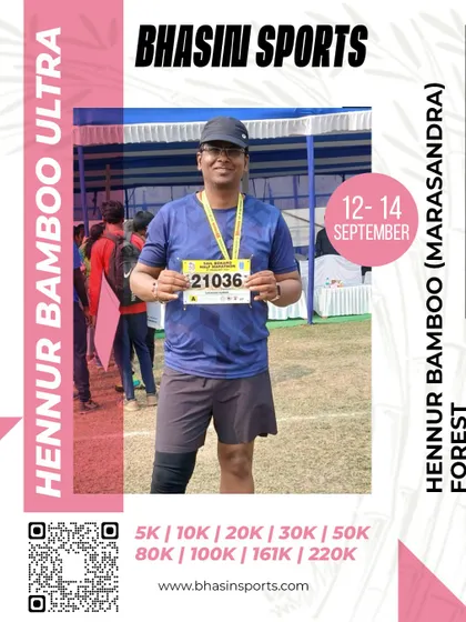 A finisher proudly displays his race bib and medal. Completing the Hennur Bamboo Ultra is a significant achievement for any runner.