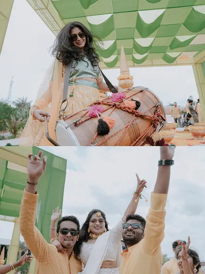A collage of fun moments, including a guest playing the dhol and friends lifting the groom.