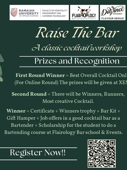 An announcement for our "Raise The Bar" classic cocktail workshop. We offer amazing prizes, including job offers and scholarships to our school, to help launch the careers of talented students.