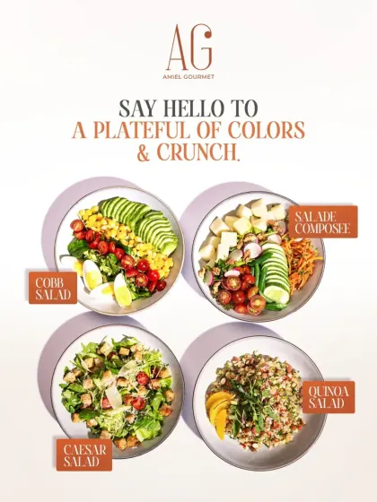 Say hello to a plateful of colors and crunch. This image showcases my four signature salads: the Cobb Salad, Salade Composée, Caesar Salad, and Quinoa Salad.