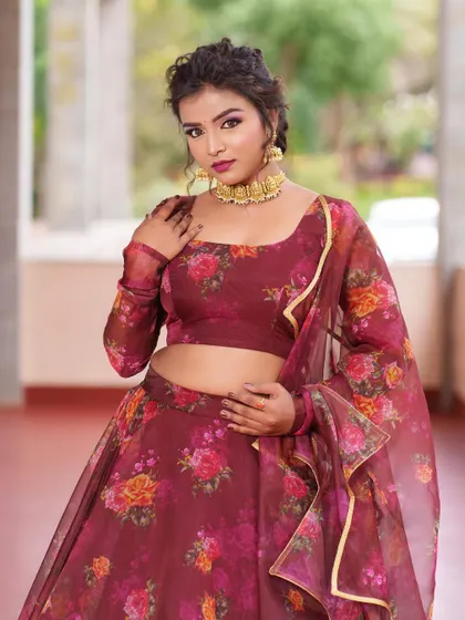 An identical close-up, offering a clear view of the outfit's print and styling.