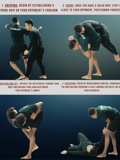 A duplicate of 190, showing the full takedown sequence. Master these four steps: gripping, entry, rotation, and execution, to build your grappling skills.