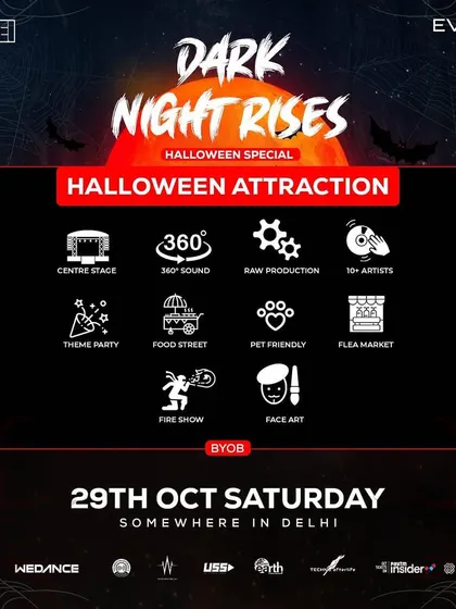 Highlighting the special attractions for our Halloween techno event, including a 360-degree sound setup, fire show, and flea market to create a full festival experience.