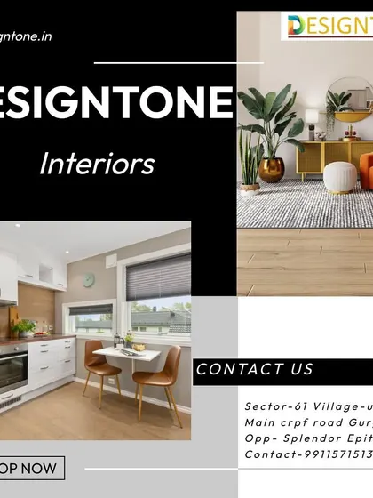 A clean, modern graphic showcasing our interior design services for kitchens and living spaces, with a clear call to action to "Shop Now" or contact us.