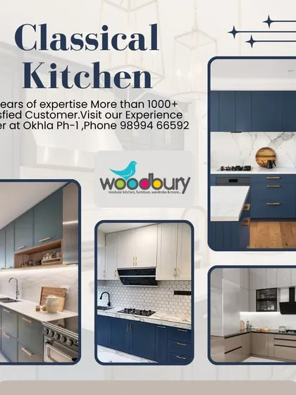 A collage of classical kitchen concepts, showing different color combinations like deep blue and white, or two-tone blue and beige.