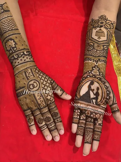 I love creating personalized mehndi that tells your story. This engagement design features a custom portrait of the couple's proposal moment, making it truly one of a kind.