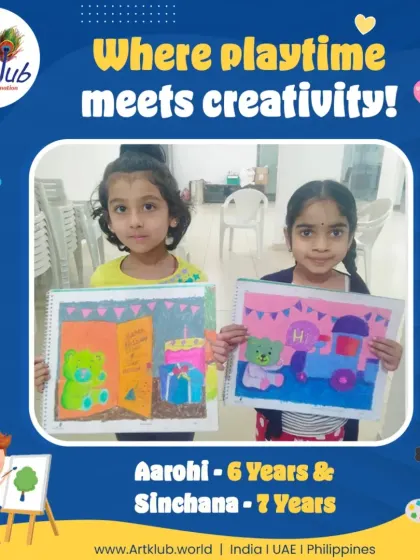 Six-year-old Aarohi and seven-year-old Sinchana show off their wonderful paintings, where playtime meets creativity.