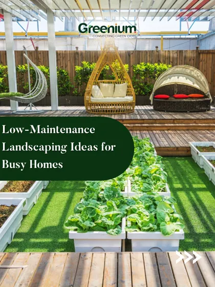 An example of low-maintenance landscaping ideas for busy homes. This terrace features artificial grass, raised garden beds for easy planting, and comfortable, durable outdoor furniture.