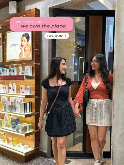 We enter like we own the place (we don't). Two best friends arriving hand-in-hand at the salon, ready for their shared beauty therapy session.
