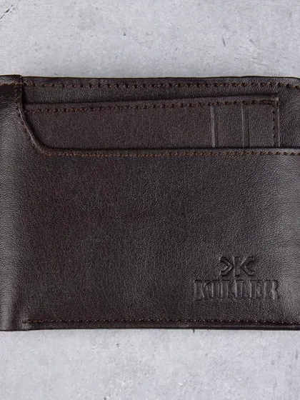 A flat, front-facing shot of a dark brown leather wallet.