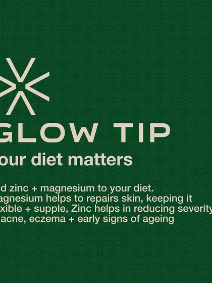 Your diet matters. Adding minerals like zinc and magnesium is important for skin health. Magnesium helps repair skin, while zinc is crucial for reducing the severity of acne, eczema, and early signs of aging.