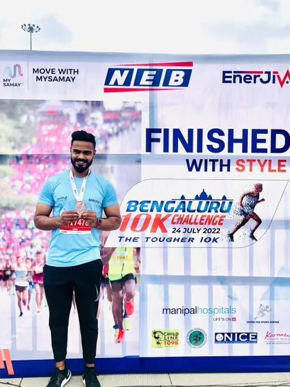We don't just train in the gym, we compete. Finishing the Bengaluru 10k challenge is about setting a goal and crushing it. I encourage my clients to join me in events like this to test their fitness and celebrate their progress.