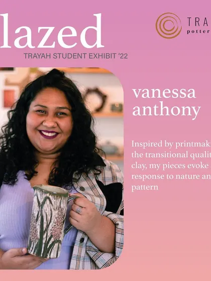 Meet Vanessa Anthony, our hand-building goddess. Her GLAZED '22 pieces explored texture through sgraffito and form through sculpture.