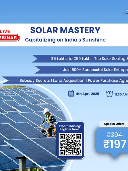 A promotional graphic for our "Solar Mastery" webinar, this image shows a large array of solar panels. It emphasizes our system for scaling from a small to a large solar enterprise and our ability to help clients join over 500 successful solar entrepreneurs.