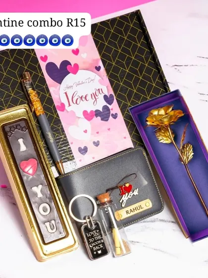 A beautifully boxed Valentine's hamper for him, containing a personalized wallet, "I LOVE YOU" chocolates, a golden rose, a pen, a message bottle, and a keychain.