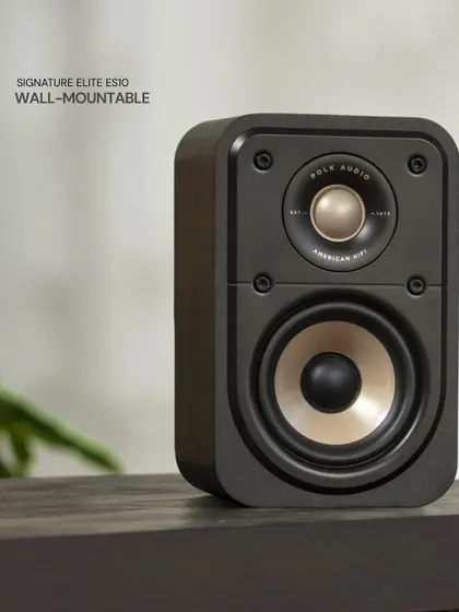This is the Polk Signature Elite ES10, a compact, wall-mountable speaker perfect for use as surround channels in an immersive home theater. It delivers the same high-resolution sound as the rest of the Signature Elite family.