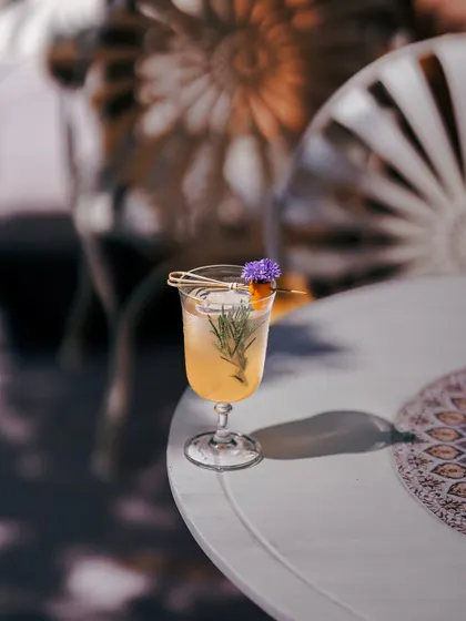 The Saga of Hibiscus, pictured here in the soft light of my patio. This cocktail is a romance in a glass, blending the heart of hibiscus with gin, gulkand, and a hint of honey, creating a vibrant and unforgettable flavor.