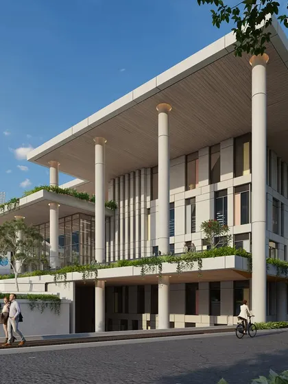 The university's cultural center, which will house a 1,000-person cafeteria, an auditorium, and VIP lounges with stadium views. The architecture features clean lines, grand columns, and integrated green terraces.