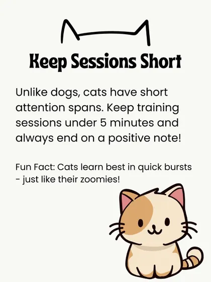 Cats have short attention spans. Keep your training sessions under five minutes and always end on a positive note to keep them engaged.