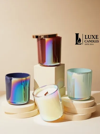 I offer a range of iridescent glass jars that catch the light beautifully. You can pick your favorite jar and scent, and I'll create a made-to-order candle just for you.