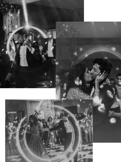 This black and white collage captures the dynamic energy and intimate moments of Prerna and Viraj's party at Amita Rasa. It's a testament to the unforgettable memories made on the dance floor.