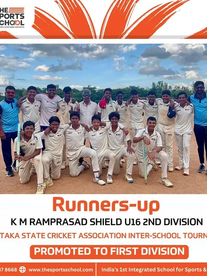 Our U16 cricket team celebrates finishing as runners-up in the K M Ramprasad Shield, earning a promotion to the first division.