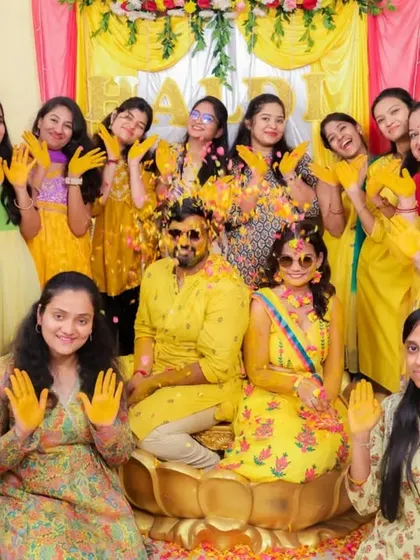 The bride tribe in full force! A joyful group photo from a Haldi ceremony, capturing the collective happiness and excitement of the bride with her friends and family.