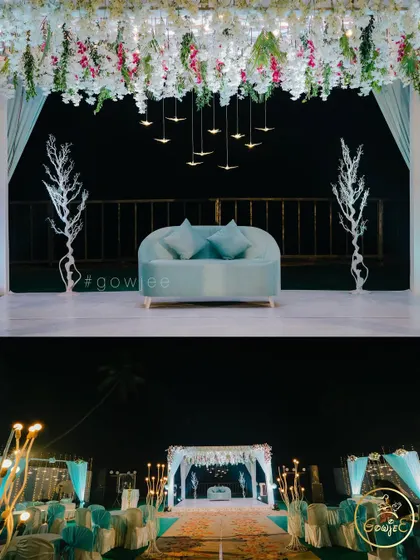 A collage of a beautiful pastel blue and white themed stage, perfect for a dreamy beachside reception.