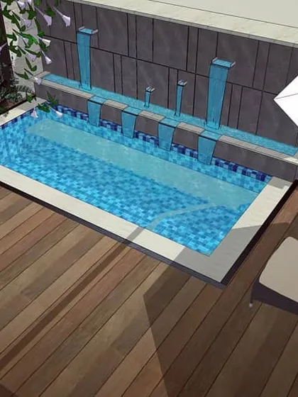 A concept design for a plunge pool and wooden deck at Retreat Villa 90. This private corner of the garden is designed for relaxation, complete with water features and space for lounge chairs.