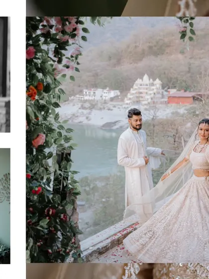 A collage capturing the essence of a Rishikesh wedding. From the stunning mountain views to the intimate moments by the river, it tells the story of a truly unique destination celebration.