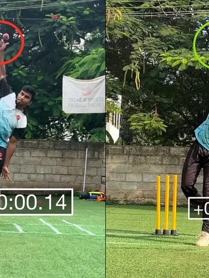 This image shows the result of our work with the off spinner. By delaying his release to 0.16 seconds, he gained more control and consistency in his bowling.