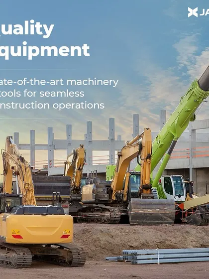 We utilize state-of-the-art machinery and tools for all our construction operations. This lineup of heavy equipment, including excavators and cranes, highlights our investment in quality equipment to ensure seamless and efficient project delivery.