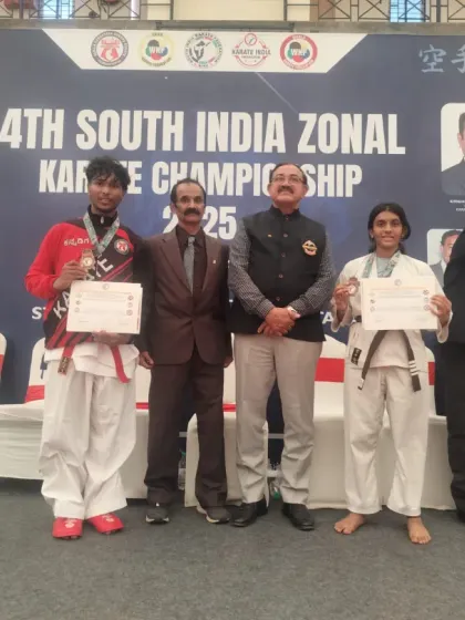 My student Neeraj celebrating his Bronze Medal win at the South India Zonal Karate Championship. Every victory is a step forward in a martial artist's journey.