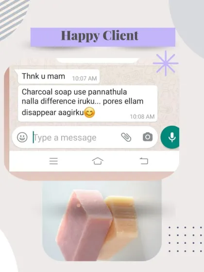 "Pores ellam disappear aagirku." This happy client saw a great difference after using my Charcoal Soap. It's excellent for minimizing the appearance of pores.