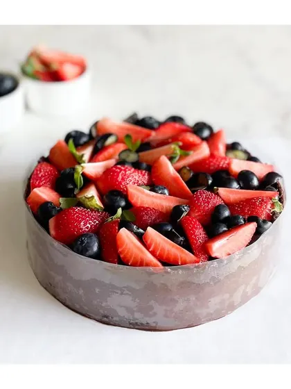 My classic chocolate cake topped with a generous amount of fresh strawberries and blueberries. A combination that serves pure yumminess.