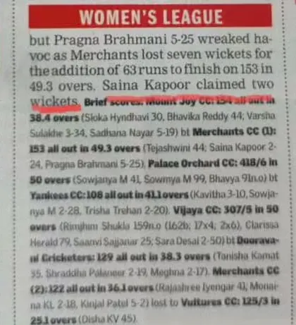Our players making headlines. We celebrate Saina Kapoor's bowling achievements as featured in the newspaper and on the official scorecard for the Women's League.