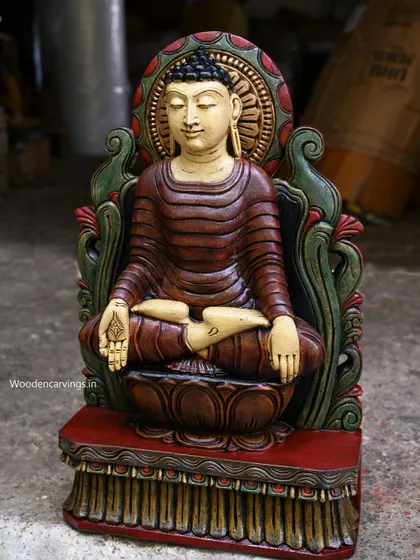Another full view of the 24-inch ancient-look Buddha, showcasing its beautiful, antique-style paintwork.